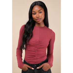 Casual Energy Berry Pink Ruched Long Sleeve Crew Neck Top